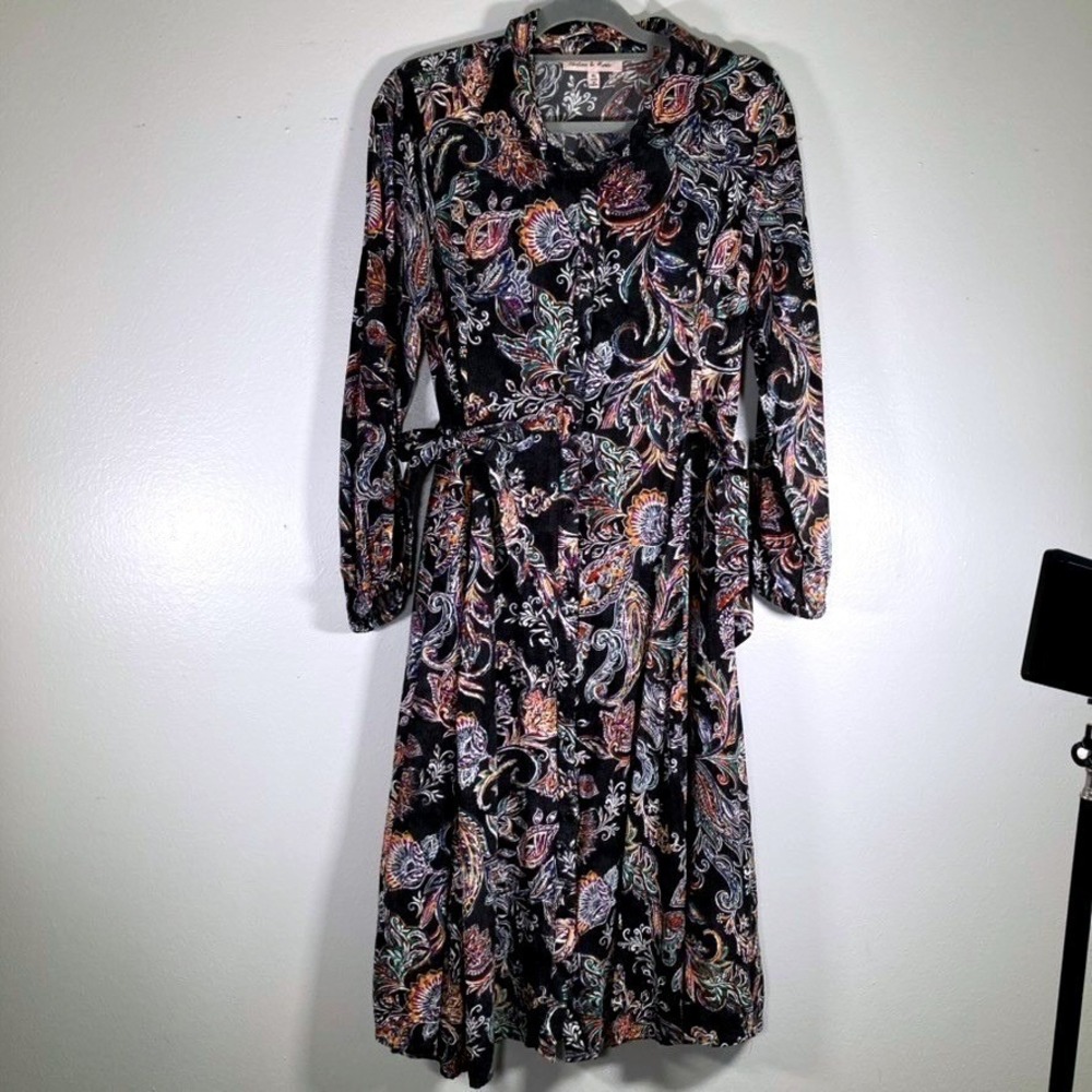 Marlow & Rose Womens XL Paisley Floral Button Down Shirt Dress Belted Midi Black